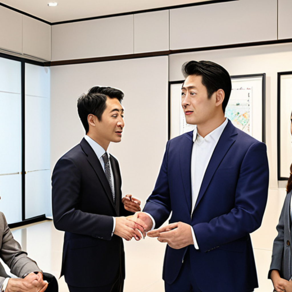 A professional setting showcasing a 公認不動産管理士 (Certified Real Estate Manager) interacting with a diverse group of international investors. The scene emphasizes trust, expertise, and global networking in the real estate market. Focus on modern, clean lines, and a subtle Japanese aesthetic.