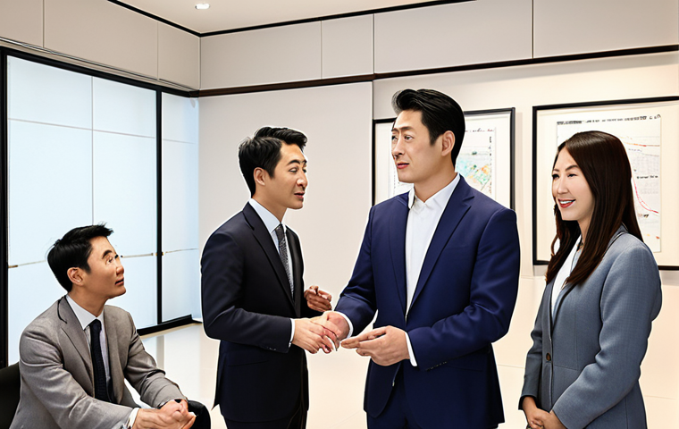 A professional setting showcasing a 公認不動産管理士 (Certified Real Estate Manager) interacting with a diverse group of international investors. The scene emphasizes trust, expertise, and global networking in the real estate market. Focus on modern, clean lines, and a subtle Japanese aesthetic.