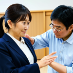 A professional Japanese Public Administrator, female, in a modest business casual outfit, engaged in a discussion with diverse community members, including elderly individuals and young adults, in a bright, modern community center. The administrator is actively listening and gesturing thoughtfully, showing empathy and collaborative spirit, symbolizing problem-solving for regional issues. The background shows subtle elements of local community projects. Fully clothed, appropriate attire, professional dress, safe for work, appropriate content, professional, perfect anatomy, correct proportions, natural pose, well-formed hands, proper finger count, natural body proportions, high-quality, realistic photography, soft natural lighting.