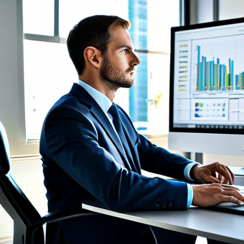 A highly competent professional public administrator, a man, fully clothed in a sharp, modest business suit, seated at a sleek modern desk in a minimalist, sunlit office. He is focused on a large holographic display showing complex data visualizations related to urban planning and community metrics. His posture is natural, indicating deep concentration and an analytical mindset. The office environment is clean and organized, featuring subtle digital elements and ergonomic design. The lighting is soft and even, highlighting a sense of innovation and efficiency. Perfect anatomy, correct proportions, natural pose, well-formed hands, proper finger count, natural body proportions, professional photography, high resolution, soft focus background, realistic rendering, safe for work, appropriate content, fully clothed, professional.