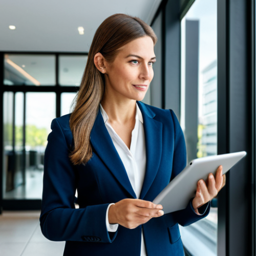 Condominium Management Consultant**

A smartly dressed woman in a business suit, standing confidently in a modern condominium lobby, holding a tablet displaying building management data. The scene should convey professionalism and expertise. Focus on her knowledge and skill. Fully clothed, appropriate attire, professional setting, safe for work, perfect anatomy, natural proportions, family-friendly.

**