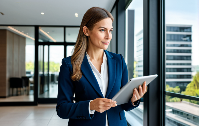 Condominium Management Consultant**

A smartly dressed woman in a business suit, standing confidently in a modern condominium lobby, holding a tablet displaying building management data. The scene should convey professionalism and expertise. Focus on her knowledge and skill. Fully clothed, appropriate attire, professional setting, safe for work, perfect anatomy, natural proportions, family-friendly.

**