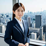 **

A confident Japanese businesswoman in a professional, modest business suit, standing in a modern, sunlit office overlooking the Tokyo skyline, fully clothed, appropriate attire, safe for work, perfect anatomy, natural proportions, professional corporate photography, high quality, family-friendly.

**