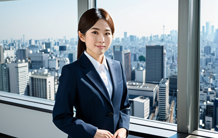 **

A confident Japanese businesswoman in a professional, modest business suit, standing in a modern, sunlit office overlooking the Tokyo skyline, fully clothed, appropriate attire, safe for work, perfect anatomy, natural proportions, professional corporate photography, high quality, family-friendly.

**
