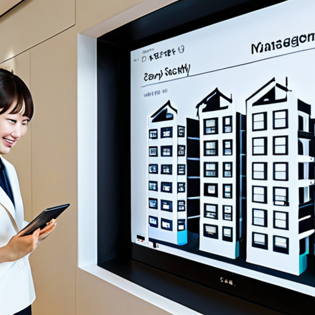 Smart Apartment Management**
"A bright, modern apartment complex in Tokyo, Japan. Focus on a digital display showing energy usage and security data. Japanese text overlays on the display. Residents are fully clothed, smiling, and interacting with a smart home system via tablets. Professional, clean architecture. Safe for work, appropriate content, fully clothed, perfect anatomy, correct proportions, natural pose, well-formed hands, proper finger count, natural body proportions."
**