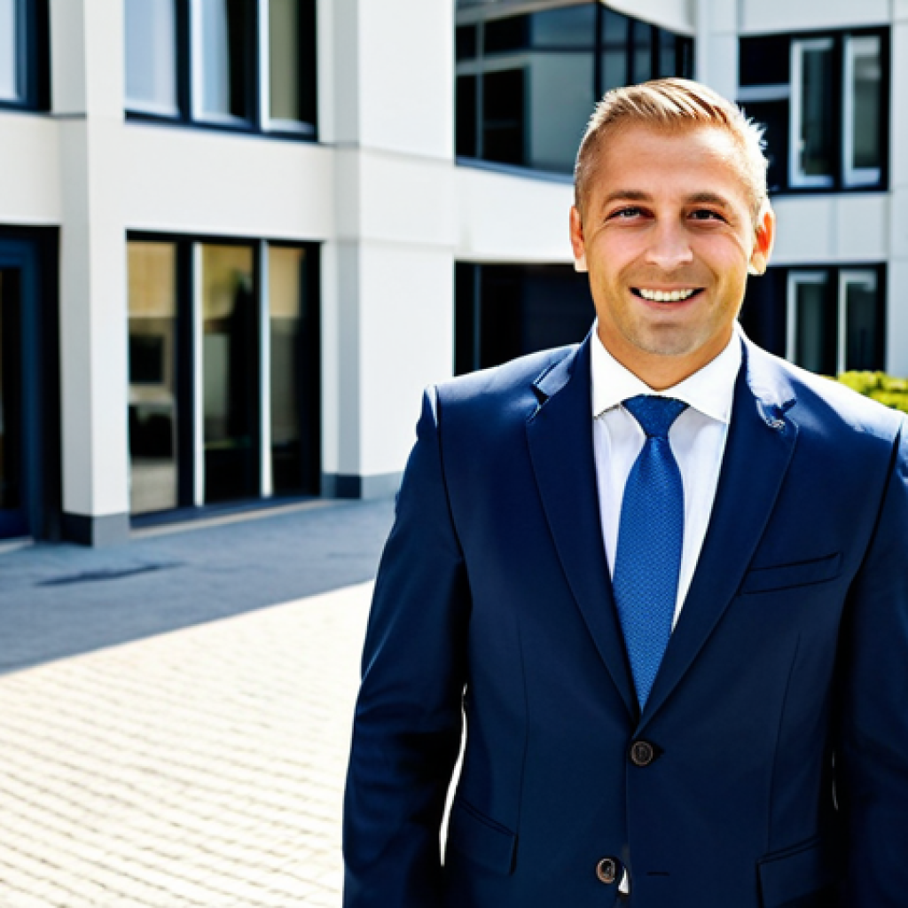 Confident Real Estate Manager**
"A professional real estate manager, fully clothed in a modern business attire, standing confidently in front of a well-maintained apartment building. The scene showcases a bright, sunny day, with a focus on the manager's approachable and knowledgeable expression. Appropriate content, safe for work, perfect anatomy, correct proportions, natural pose, high quality, professional photography."
**