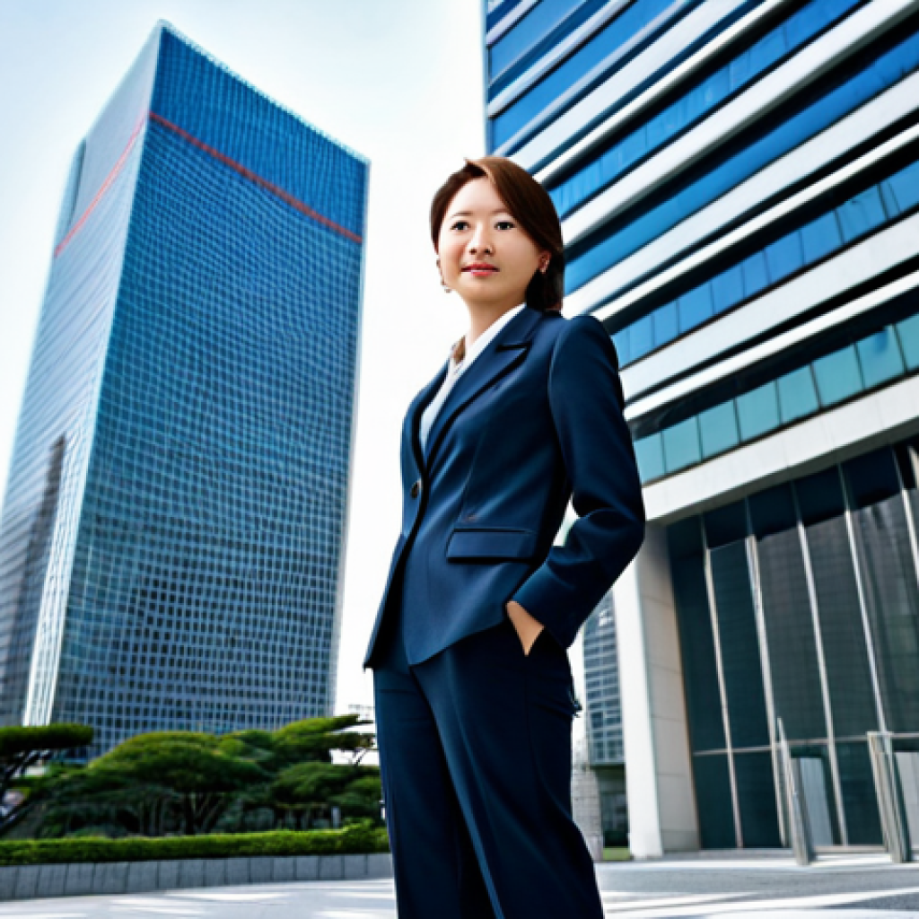 A confident businesswoman in a tailored pantsuit, standing in front of a modern skyscraper in Tokyo, fully clothed, appropriate attire, safe for work, perfect anatomy, natural proportions, professional corporate portrait, high resolution.