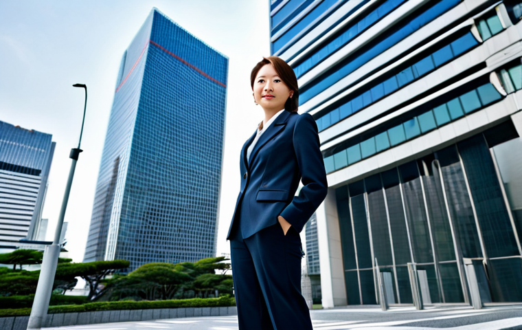 A confident businesswoman in a tailored pantsuit, standing in front of a modern skyscraper in Tokyo, fully clothed, appropriate attire, safe for work, perfect anatomy, natural proportions, professional corporate portrait, high resolution.