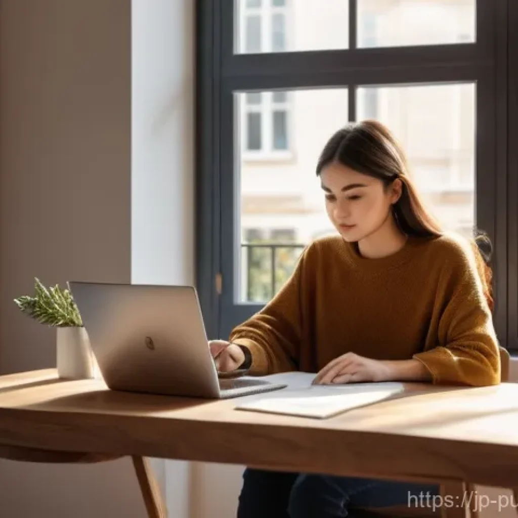 공공관리사 자격증 유지 조건 - **Morning Study:** Sitting at a minimalist home desk with a laptop open, a warm mug of coffee nearby...
