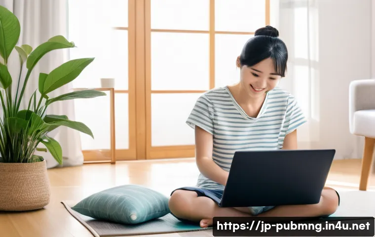 공공관리사 직무에서의 성공 사례 - **"Efficient Online Public Services"**: A bright, modern Japanese living room. A young Japanese woma...