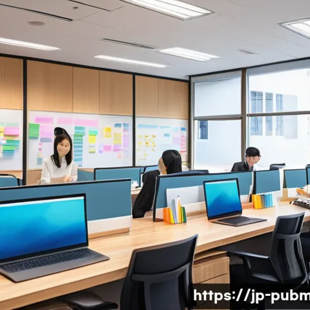 공공관리사 실무에서의 주요 과제와 해결 방법 - A modern Japanese local government office scene showing diverse staff members efficiently collaborat...