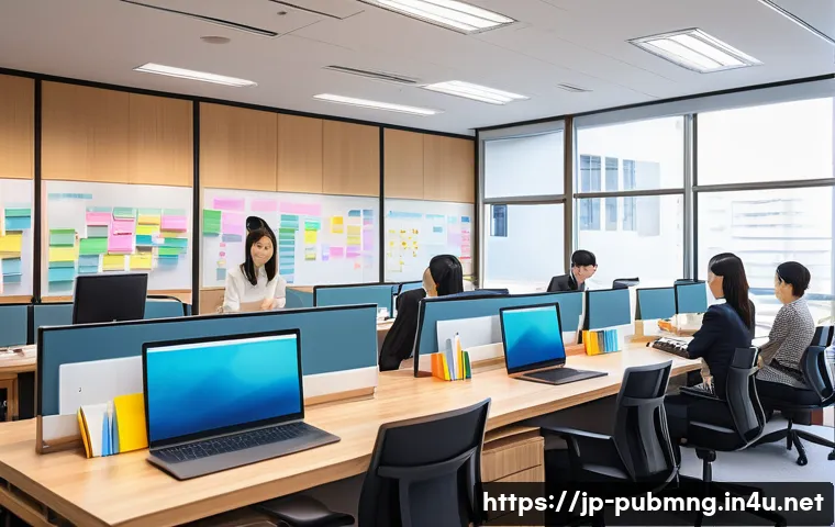 공공관리사 실무에서의 주요 과제와 해결 방법 - A modern Japanese local government office scene showing diverse staff members efficiently collaborat...