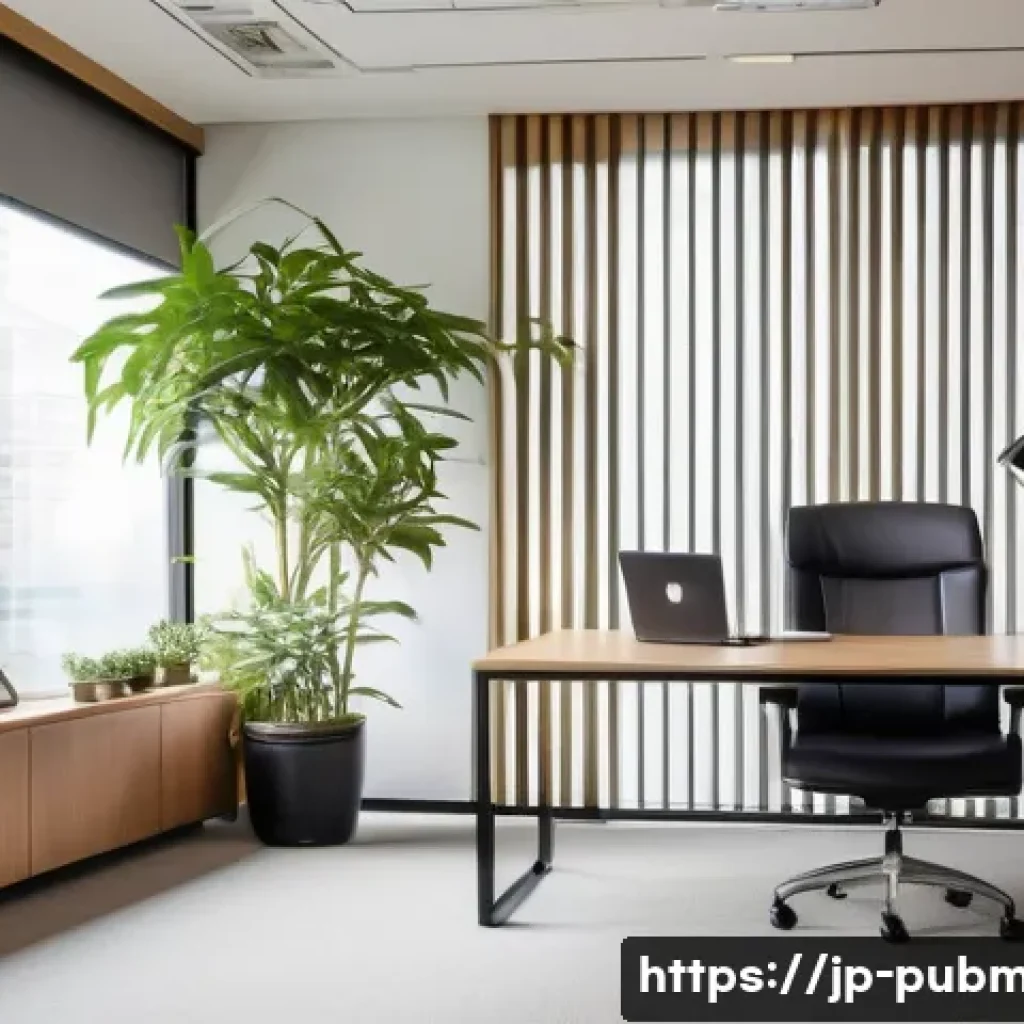 공공관리사 직무 만족도 설문 조사 - A modern Japanese public office workspace featuring a clean, organized desk with a comfortable ergon...
