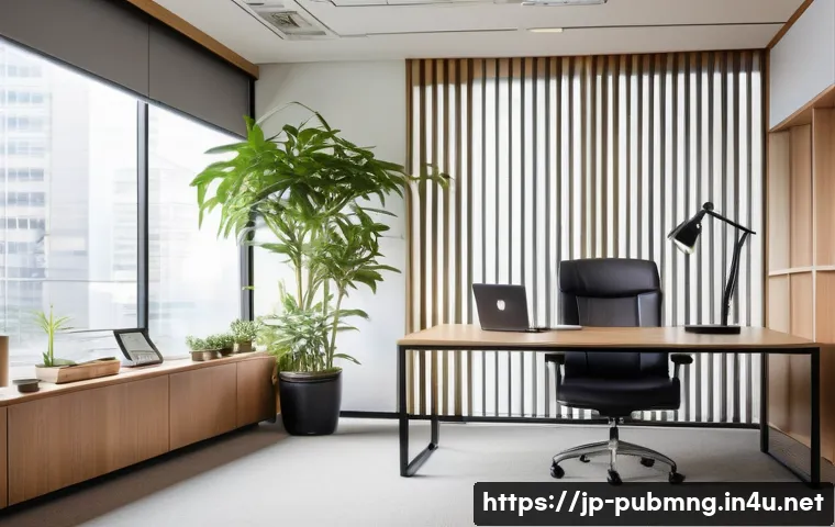 공공관리사 직무 만족도 설문 조사 - A modern Japanese public office workspace featuring a clean, organized desk with a comfortable ergon...