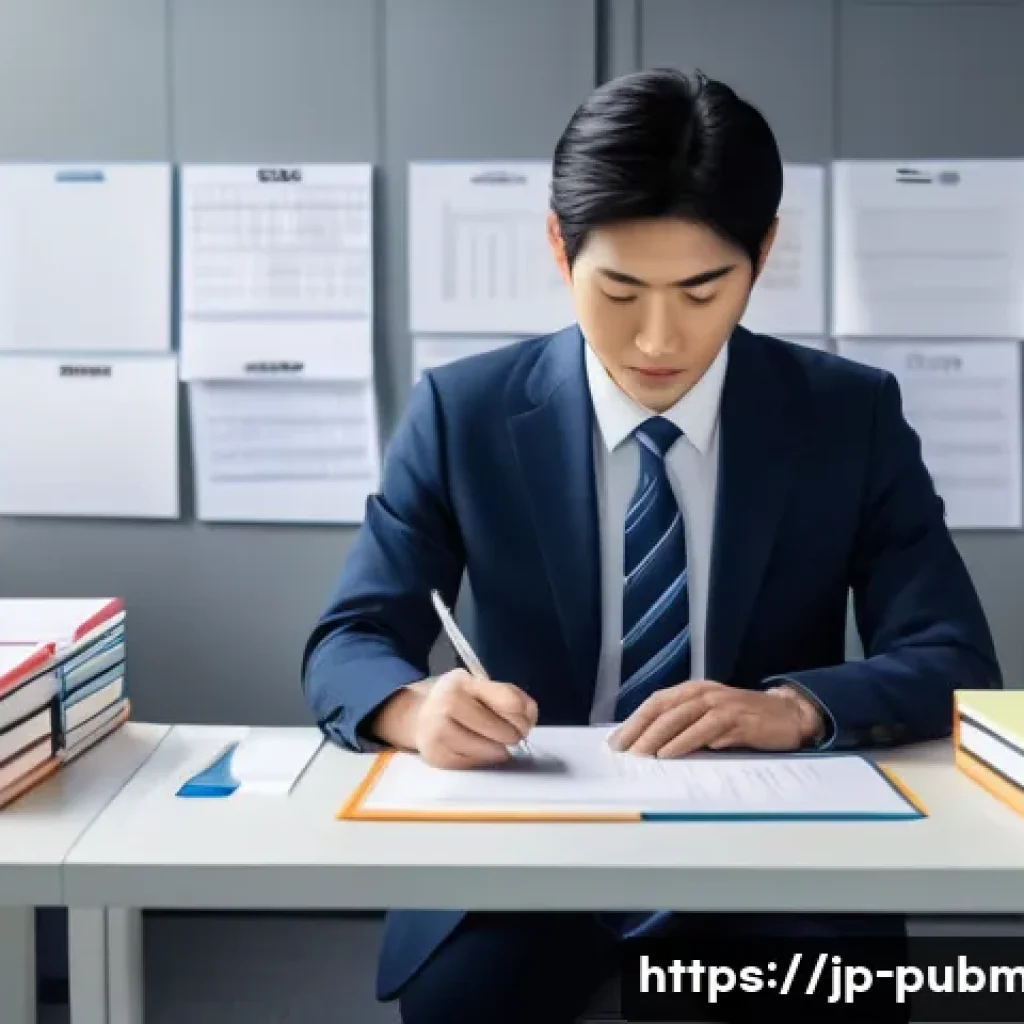 공공관리사 실무에서 사용하는 문서 양식 - A modern Japanese office scene showing a public servant meticulously drafting an official document o...