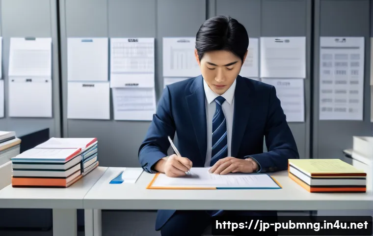 공공관리사 실무에서 사용하는 문서 양식 - A modern Japanese office scene showing a public servant meticulously drafting an official document o...