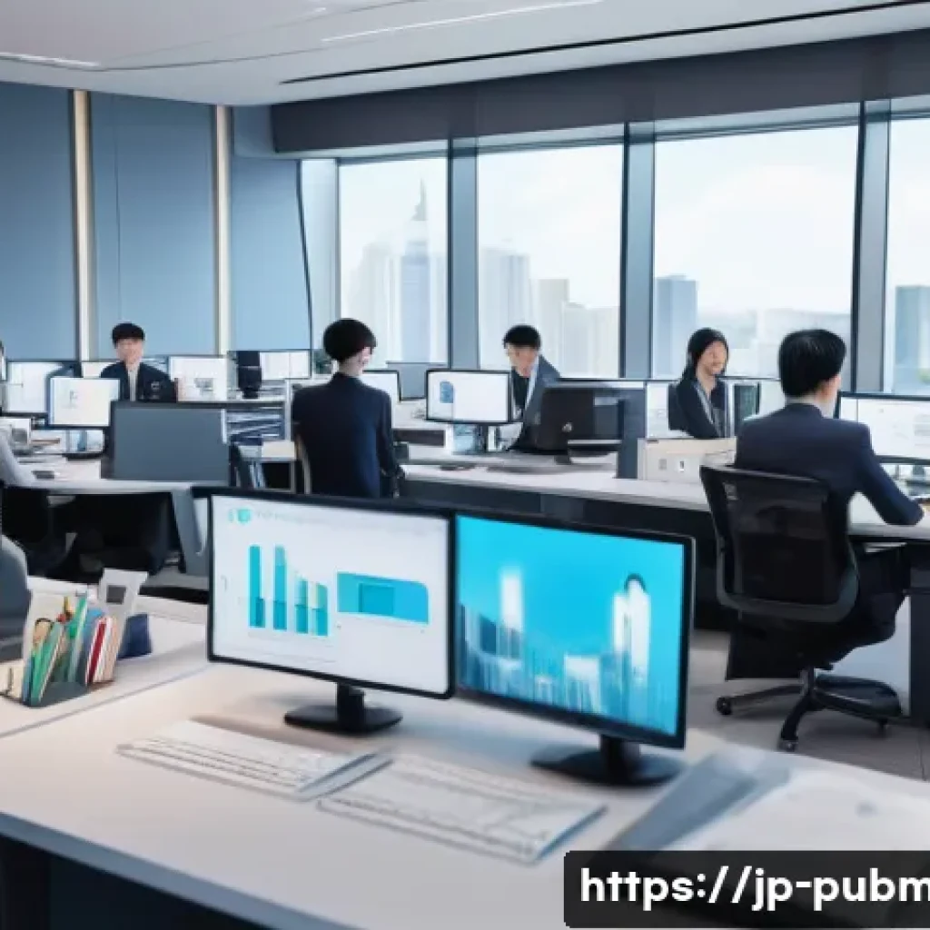 공공관리사 직무와 관련된 최신 산업 동향 - A modern Japanese city hall office scene showcasing diverse public servants collaborating on AI-driv...