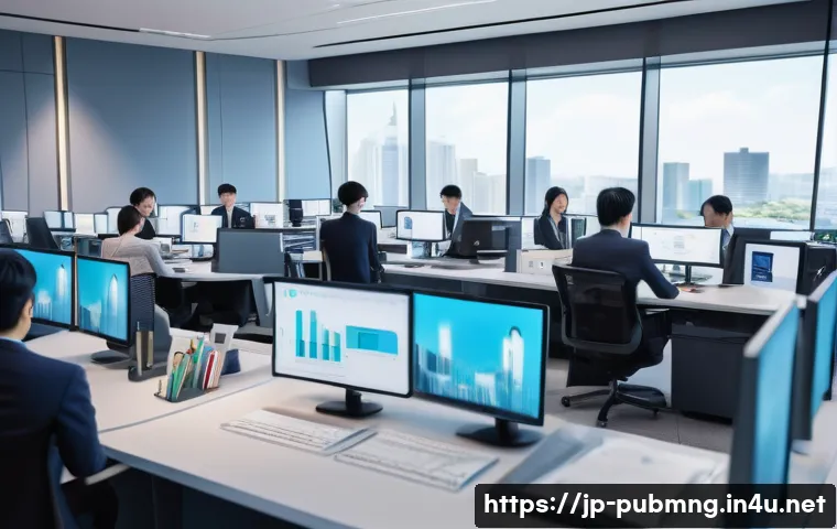 공공관리사 직무와 관련된 최신 산업 동향 - A modern Japanese city hall office scene showcasing diverse public servants collaborating on AI-driv...
