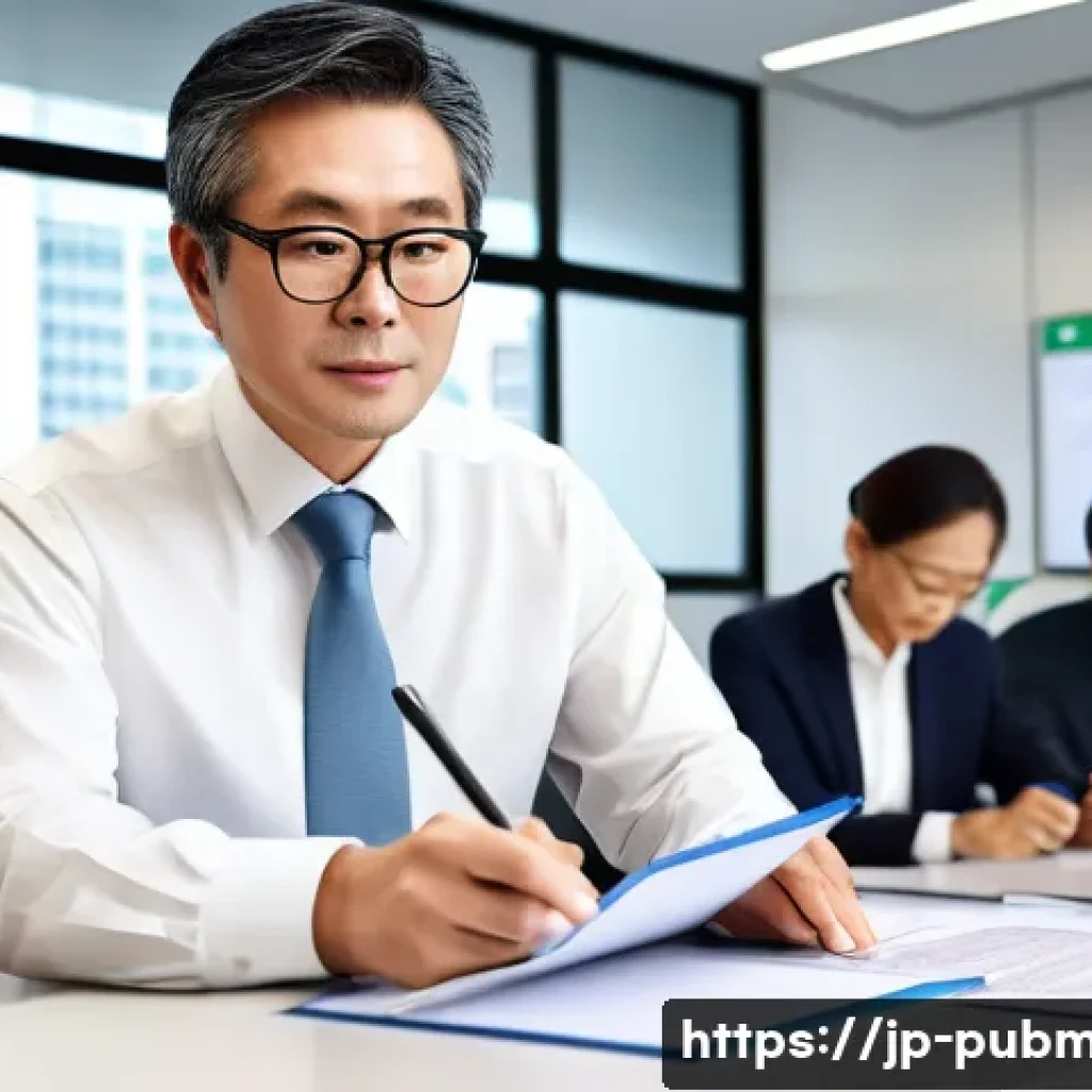 공공관리사와 공공정책 간의 연관성 - A professional Japanese public administrator in a modern government office, wearing business attire ...