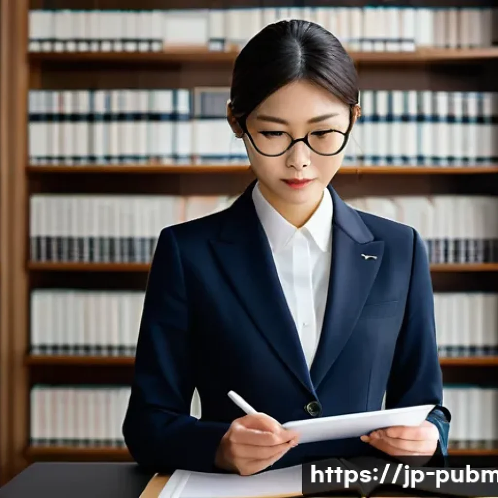 공공관리사 직무와 관련된 법적 문제 - A modern Japanese government office scene with a professional civil servant woman wearing a neat sui...