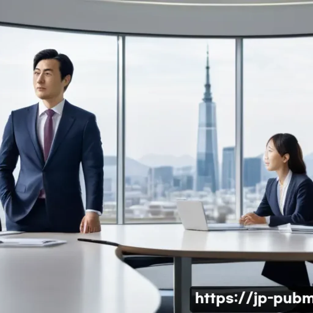 공공관리사 자격증을 활용한 경력 개발 성공 사례 - A professional Japanese public administration officer in a modern office setting, wearing formal bus...
