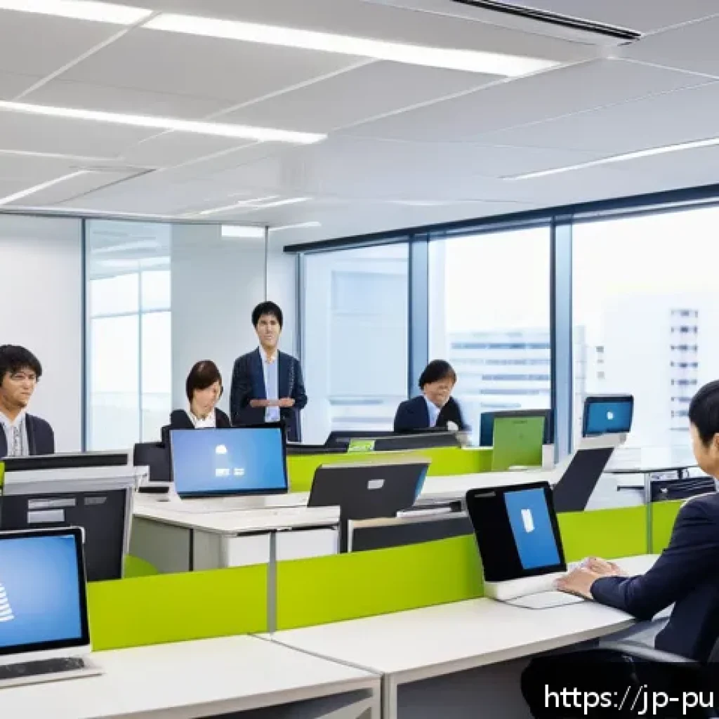 공공관리사 실무 스킬 업그레이드 방법 - A modern Japanese office setting with a diverse group of public servants collaborating efficiently u...