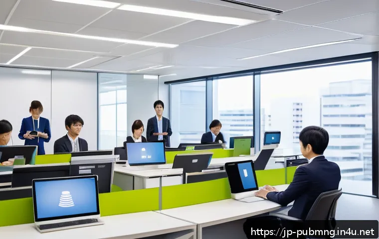 공공관리사 실무 스킬 업그레이드 방법 - A modern Japanese office setting with a diverse group of public servants collaborating efficiently u...