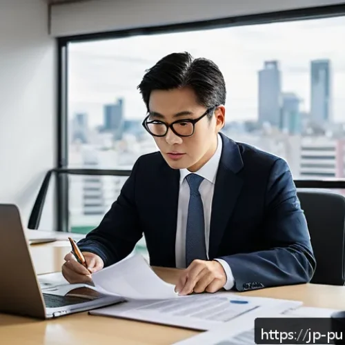 공공관리사 자격증으로 시작하는 새로운 도전 - A professional Japanese administrative consultant in a modern office setting, wearing a neat busines...