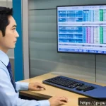 공공관리사 실무에서 필요한 데이터 관리 기술 - A modern Japanese office environment showing a civil servant organizing digital files on a large com...