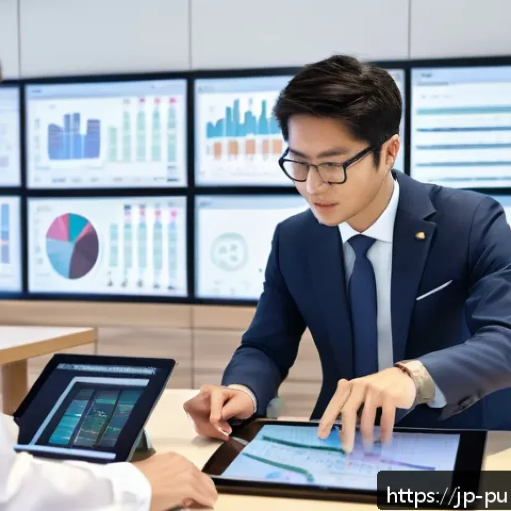 공공관리사 실무 경험을 통해 배우는 교훈 - A modern Japanese government office scene with diverse public servants collaborating around a digita...