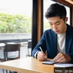 공공관리사 필기시험 준비에 도움이 되는 앱 - A modern Japanese young adult studying on a sleek smartphone app in a cozy urban cafe during the mor...