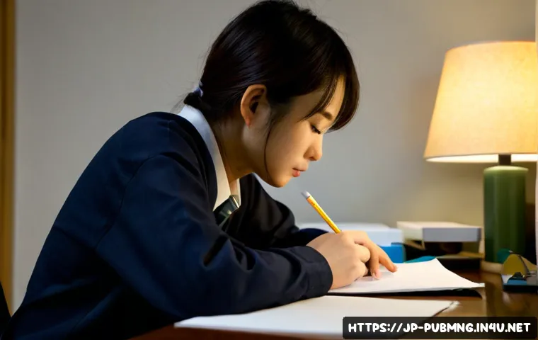 공공관리사 시험 준비 중 자주 겪는 문제 - Photorealistic Japanese adult exam candidate studying alone at a neat home desk late at night, looki...