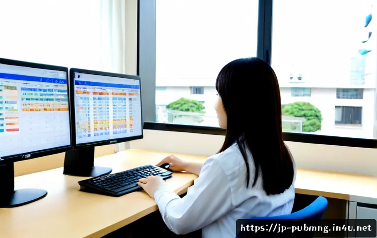 공공관리사 실무에서 필요한 소프트웨어 활용 방법 - Photorealistic municipal office workspace in Japan, a public administration professional using a dua...