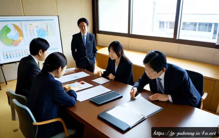 공공관리사와 관련된 학술 연구 주제 추천 - Photorealistic university research team in Japan studying public administration policy, diverse adul...