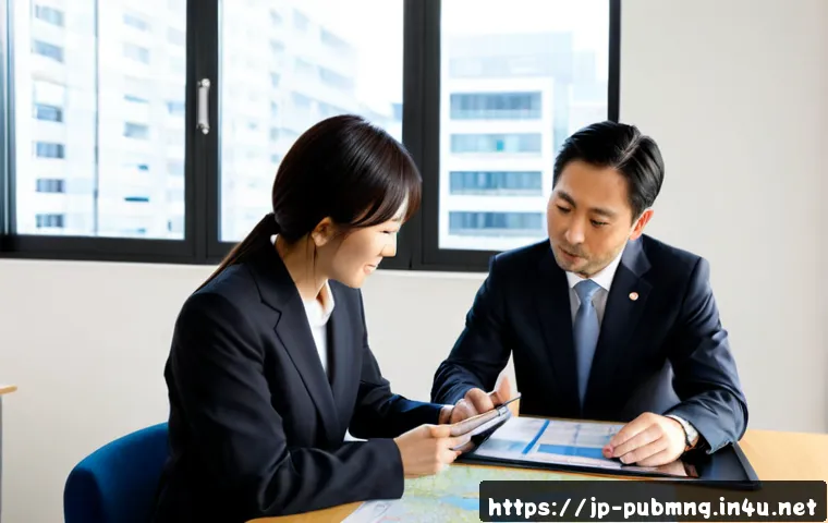 공공관리사 관련 업무와 직무의 차이 - Photorealistic Japanese municipal office scene, a public management professional reviewing a city in...